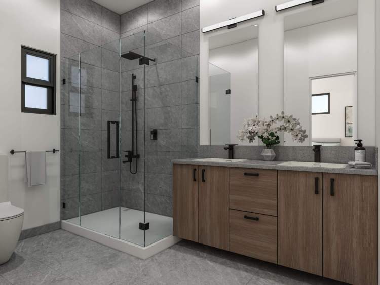 Mojave Living en suites feature dual undermount sinks with a quartz countertop.