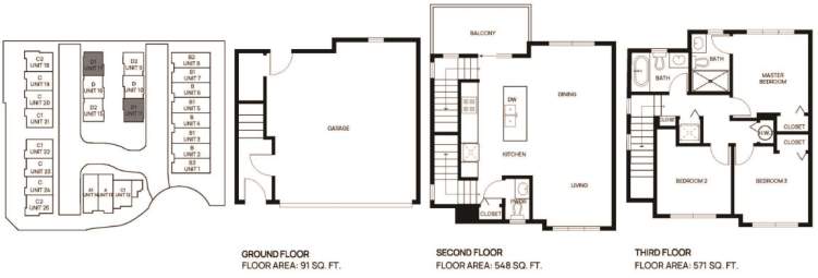 Richstone Hamilton Type D1 three-bedroom townhouse floor plan.