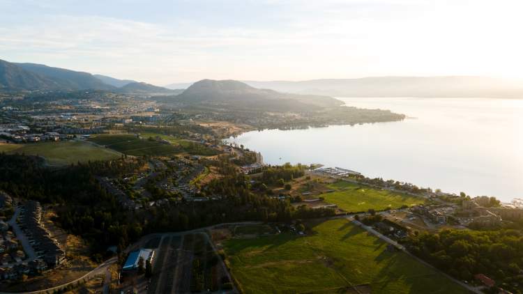 Aerial view from Goats Peak Mountain overlooking the Gellalty district and Lake Okanagan.