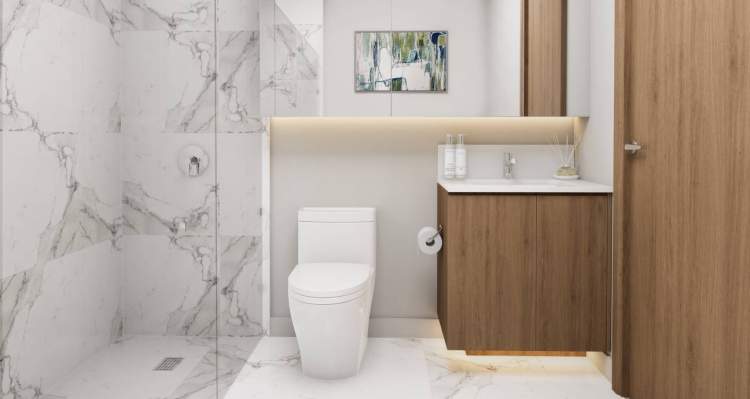 SkyLiving Bathrooms - Exquisite millwork, custom lighting, non-slip ceramic tiles, and matched countertops.