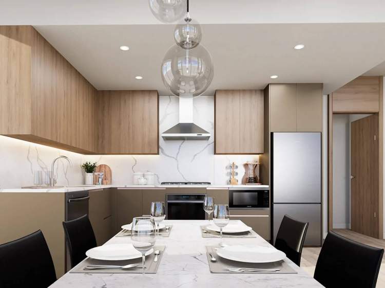 SkyLiving Kitchens - Stainless steel Samsung appliances are discreetly integrated into the cabinetry.