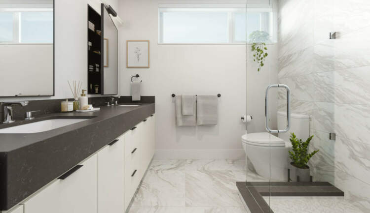 Elegant York bathrooms have Luxurious large-format Bianco Veined porcelain tile.
