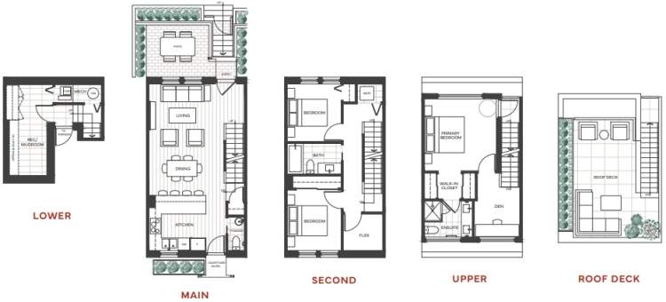 York Plan A with 3 bedrooms + den & flex room.