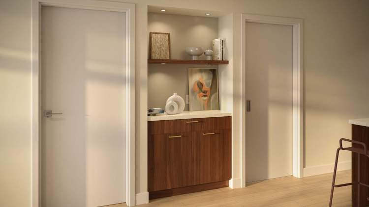 Entroterra interiors feature custom millwork, such as this built-in buffet.