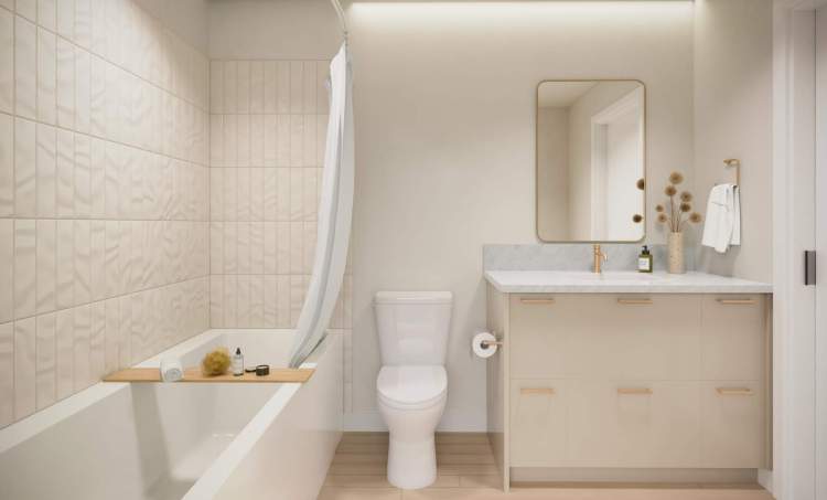 Enjoy sleek bronze bathroom accessories, soft close toilets, and diffused cove lighting.
