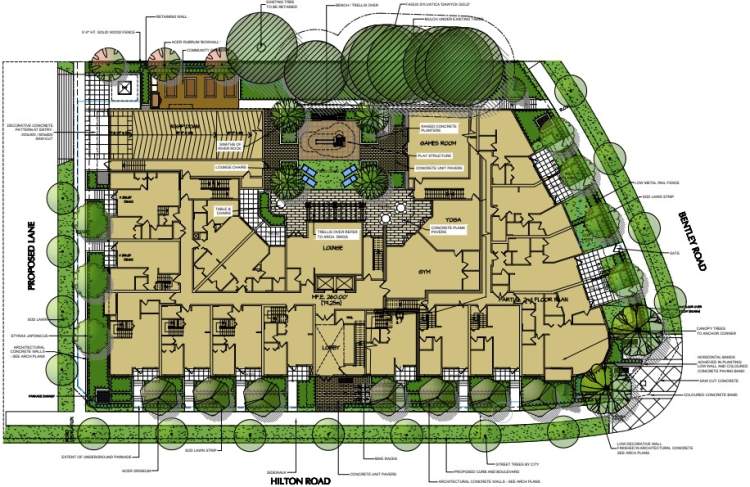 Hilton & Bentley site plan showing the landscaping and ground floor amenities.