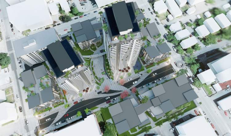 Aerial view of the City Gardens development with Trillium at the top centre.