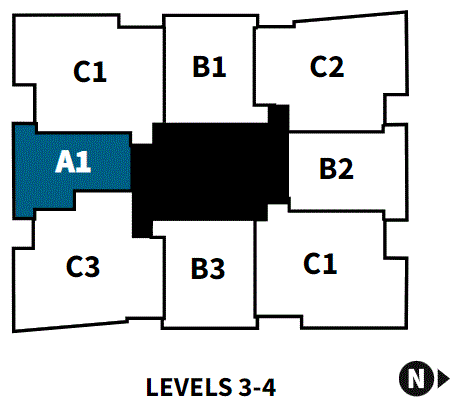 Distribution of suites for levels 3-4 of Trillium at City Gardens.