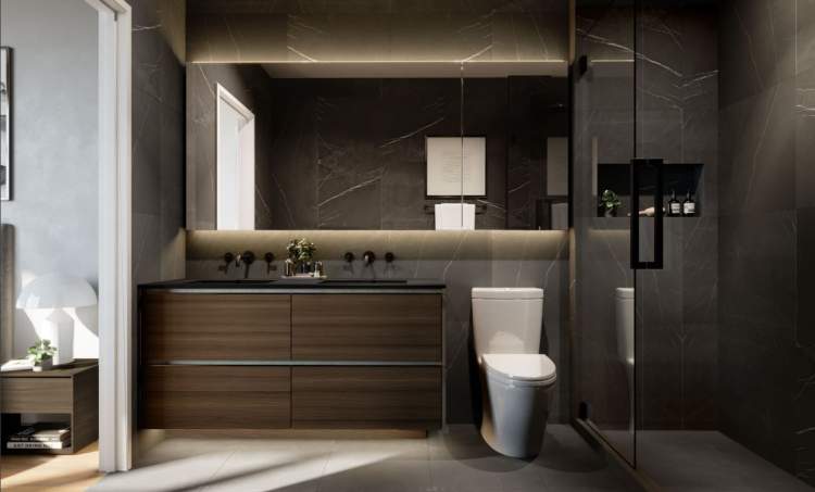 W16 bathrooms refect good taste with Stosa Cucina cabinetry and Dekton countertops.