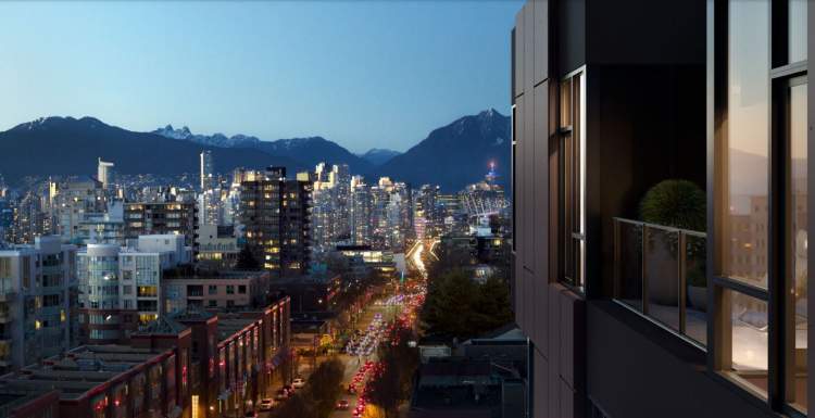 W16 exterior looking north towards downtown Vancouver at dusk.