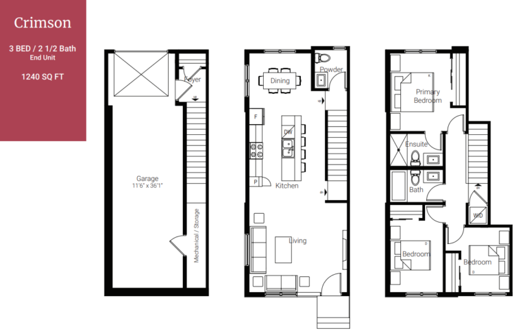 Newton Townhomes Crimson 3-bedroom floorplan.