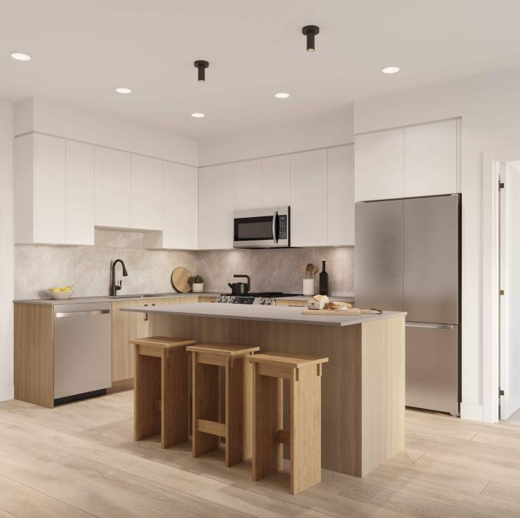 The Commons kitchens boast flat-panel, two-toned cabinetry and Samsung appliances.