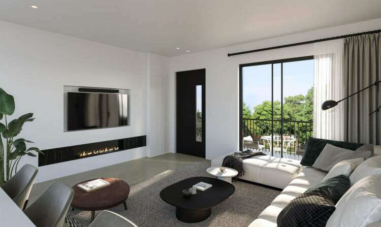 August at Laurel + W64 living rooms feature a minimalist fireplace and TV wall.