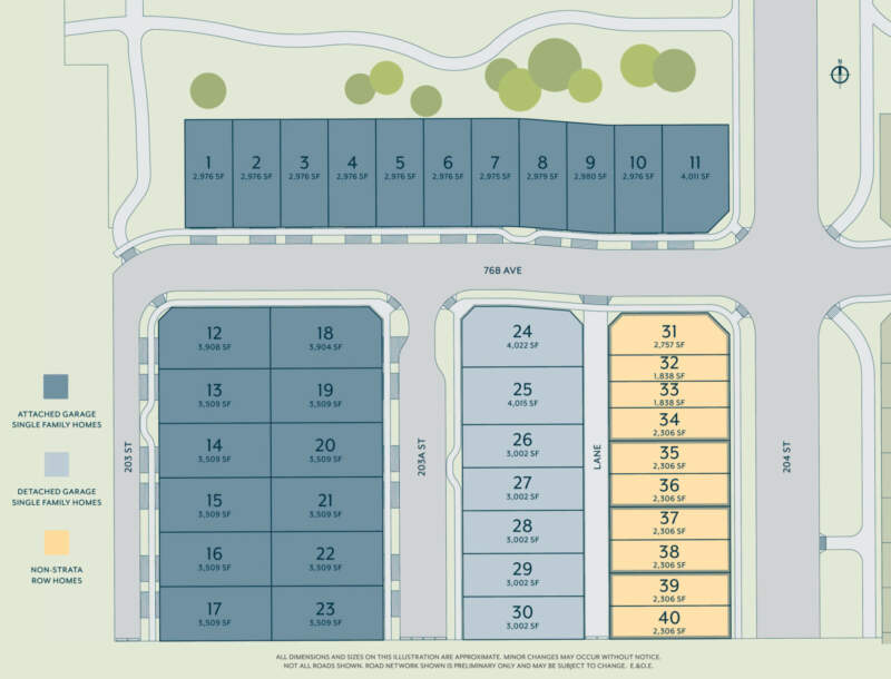 Brighton West site plan showing distribution of single-family homes and rowhomes.