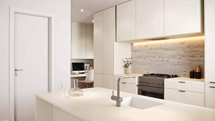 The Columbia Residences feature kitchens with high-end appliances and custom cabinetry.