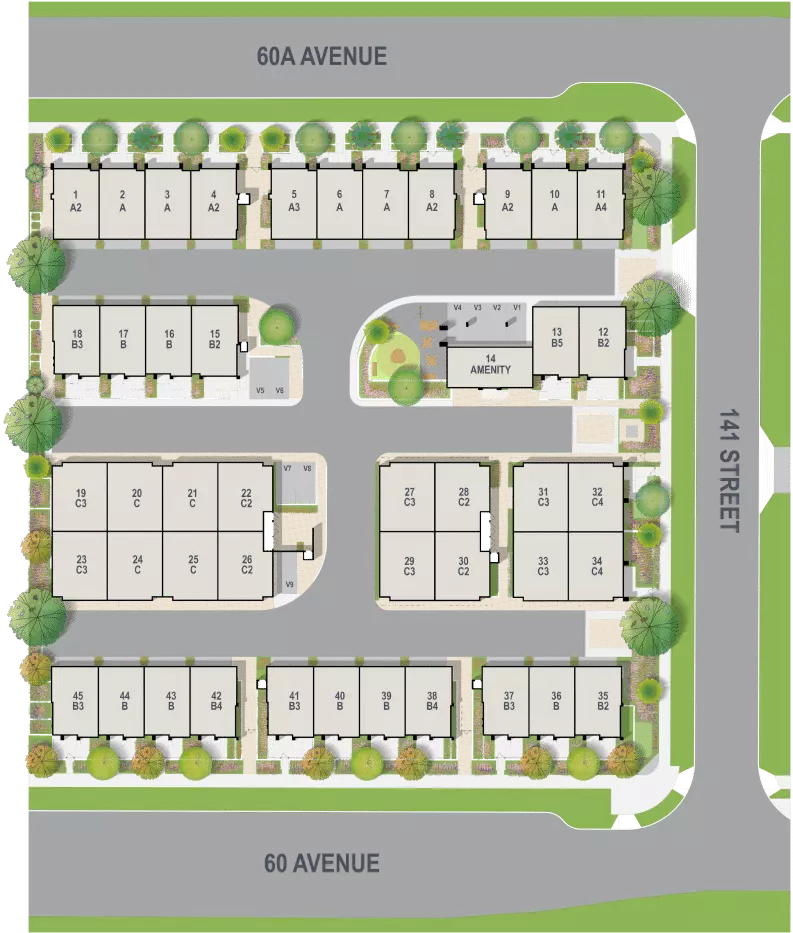 Harmony Townhomes site plan showing unit distribution and amenities locations.