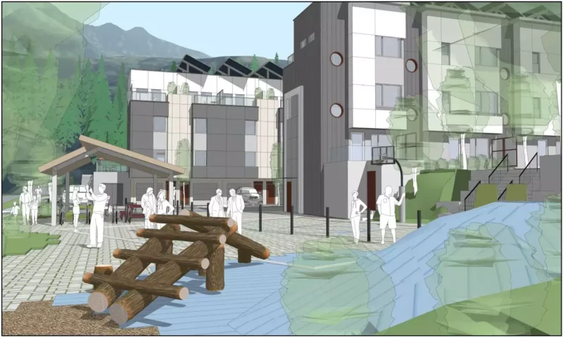 The Squamish EcoVille plaza features a playground, basketball court, and seating area.
