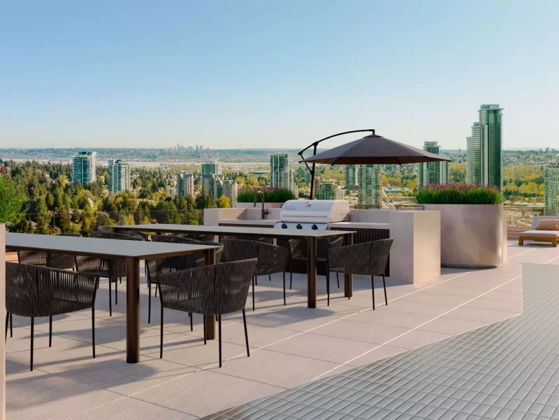 Elements in Burquitlam amenity terrace showing dining area and lounge.