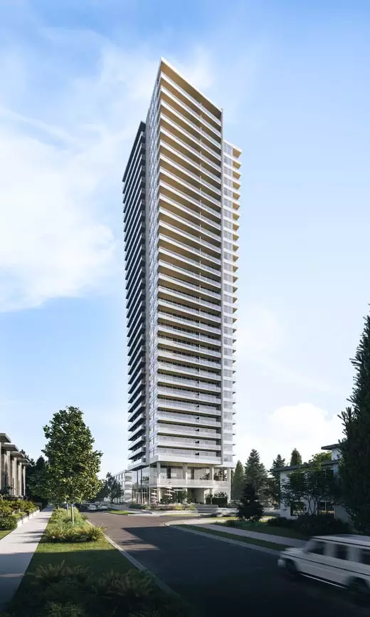 Ethos Metrotown tower exterior as seen from the south on Marlborough Avenue.