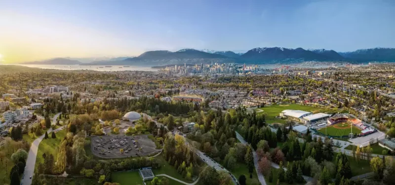 Aerial view of Kinsley at Queen Elizabeth Park's location.