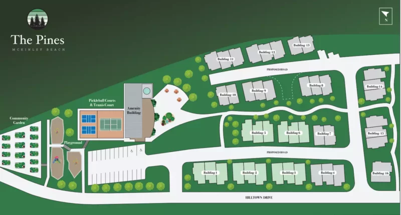 The Pines site plan showing amenities and home distribution.