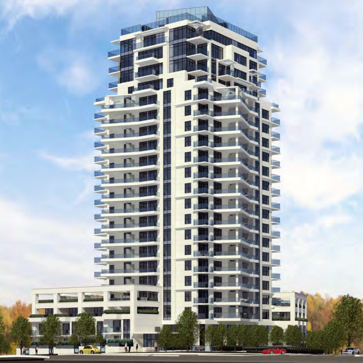 Vivere tower render viewed from the corner of Guildford Drive & 152 Street.