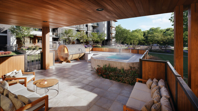 The hot tub and wood barrel sauna at the Central Park clubhouse.