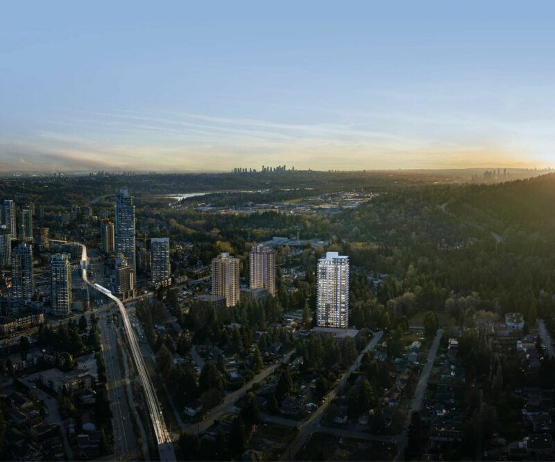 Aerial view looking southwest showing location of Kora West Coquitlam.