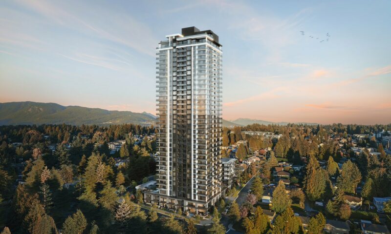 Kora West Coquitlam tower exterior as seen from the southwest.