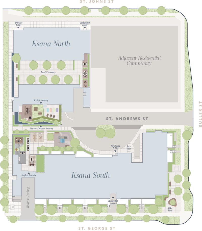 Ksana Living site plan showing development layout and amenities locations.
