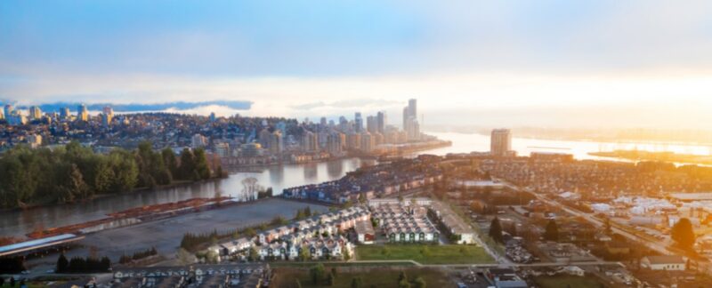 Aerial View of Mercer Village looking east towards downtown New Westminster.