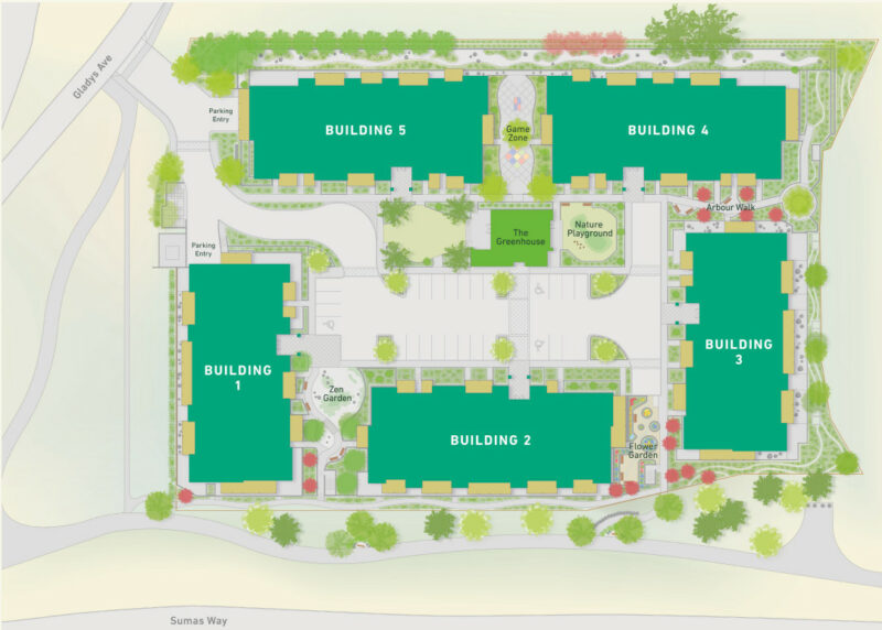 Sage site plan showing building and amenity distribution.