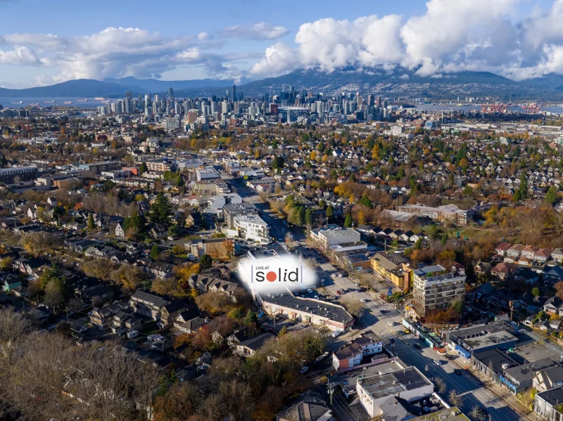 Aerial view of Vancouver showing location of Solid condominiums.