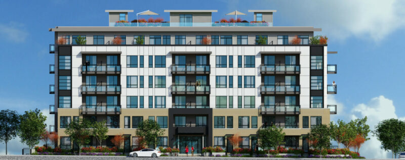 Artist rendering of Zenith Guildford exterior, as seen from 103A Avenue.